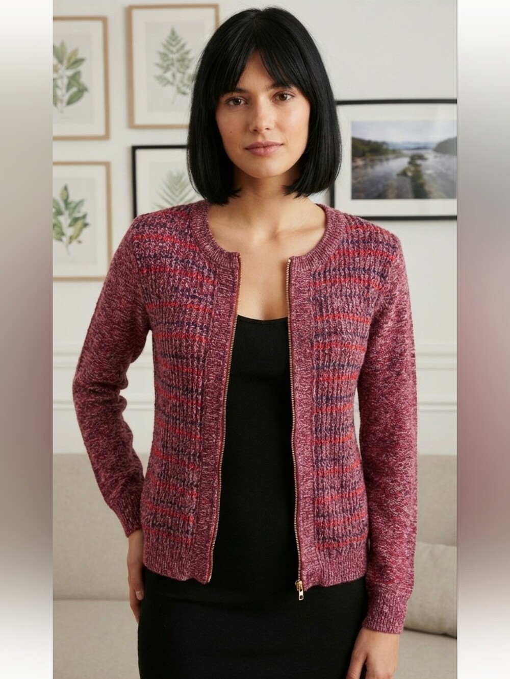 Tommy Hilfiger red & Navy Knit Zip Up Sweater jacket - size S